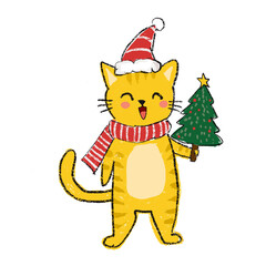 Christmas cat holding a small Christmas tree, Santa hat and scarf, child-like illustration