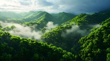 Lush Green Mountains with Misty Fog Under Dramatic Sky