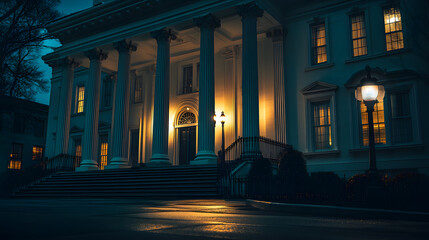 Fototapeta premium A photo of the White House illuminated at night, with soft, warm lights highlighting its iconic columns and a starry sky above, during a peaceful evening
