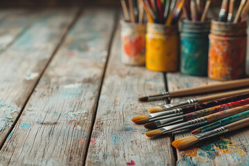 Obraz premium Paintbrushes on a Rustic Wooden Table: A Colorful Still Life of Art Supplies