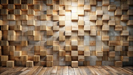 Abstract Wooden Cube Wall Design with Warm Lighting and Hardwood Floor