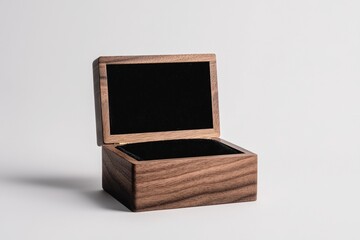 Obraz premium A small wooden jewelry box with an open lid revealing a velvet interior on a solid white background, single object