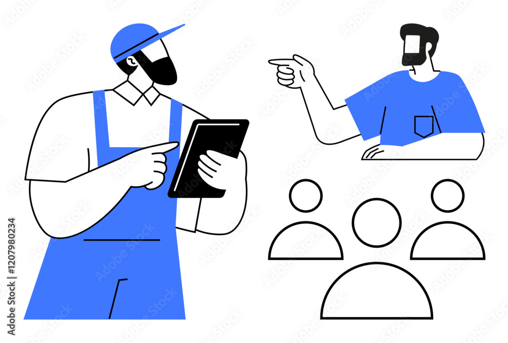 Poster worker in overalls with tablet gets instructions from manager pointing, with an audience. ideal for 