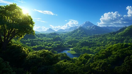 Lush Green Valley Scene with Mountains and Clear Blue Sky
