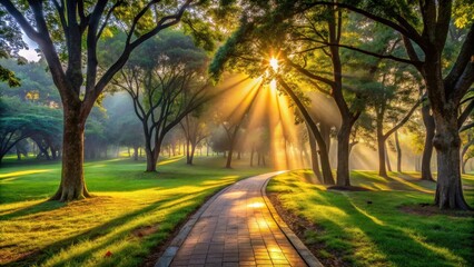 Obraz premium Serene Morning Path Through Sun-Dappled Park with Lush Green Grass and Majestic Trees