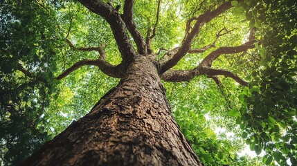 Naklejka premium Low Angle View of a Sturdy Tree with Expansive Green Branches