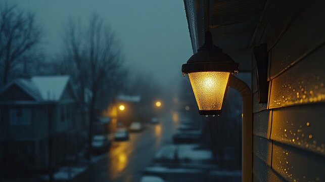 Porch light glowing on rainy, foggy, snowy suburban street at dusk - Powered by Adobe