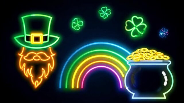 Patrick's Day. Neon glowing St. Patrick's shamrock with golden pot of gold and rainbow. Day and clover leaves. St. Patrick's Day lights flickering