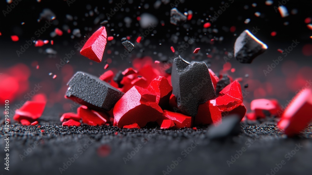 Poster explosive fragments of red and black material scattered across a dark surface in a dynamic arrangeme