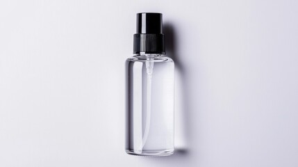 A bottle of clear hand sanitizer with a pump dispenser and visible gel inside placed upright on a solid white background, single object