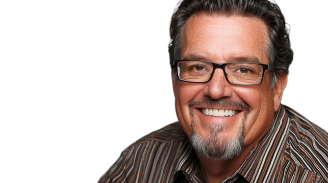 a photo of an older man with a beard wearing a striped shirt and glasses PNG image, PNG file, Generative art.