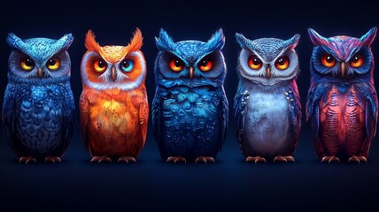 Collection of Mystical Owl Figurines in Vibrant Colors