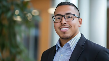 Fototapeta premium Portrait of a Confident Young Businessman Smiling in an Office Setting