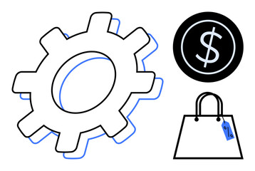 Gear, dollar sign, and shopping bag convey concepts of commerce, industry, and economic transactions. Ideal for business, finance, marketing retail e-commerce manufacturing investment. Black