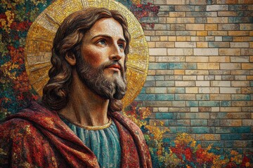 Naklejka premium an intricate tapestry depicting jesus christ illuminating the world rich in colors and textures evoking the significance of belief and prayer throughout biblical teachings