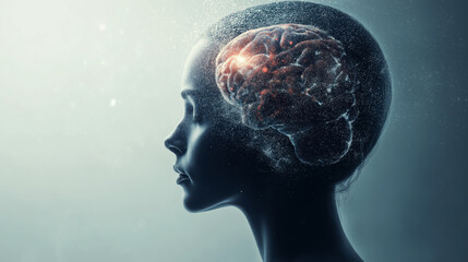 Obraz premium Illustration of a human head with the brain glowing, This visualization symbolizes artificial intelligence.