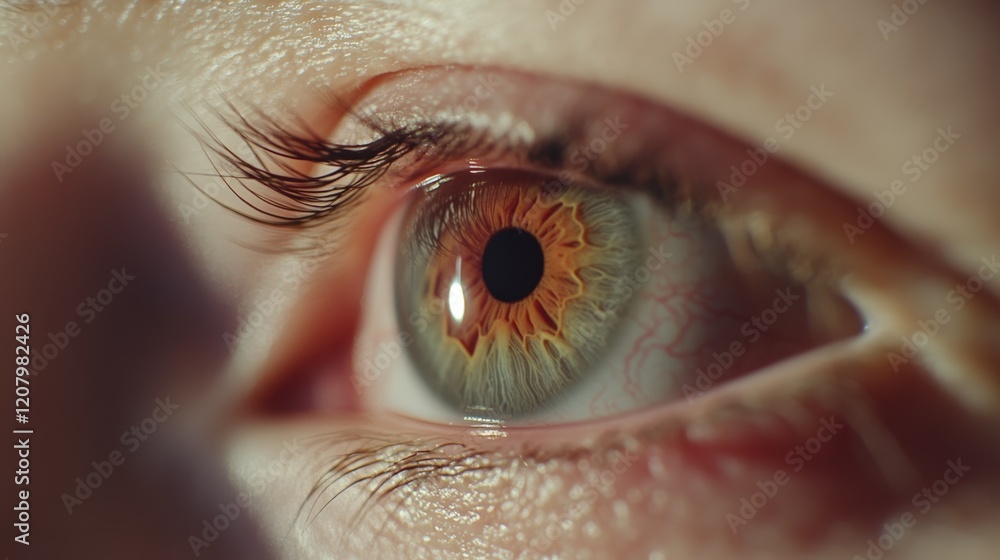Poster Macro photograph highlighting the intricate details of a human eye, focusing on the iris's unique pattern and the delicate blood vessels, suggesting possible conjunctivitis due to redness