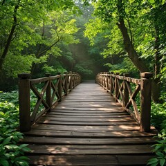 Charming wooden bridge in the heart of the forest surrounded by vibrant foliage, wood, vibrant, bridge, lush, green