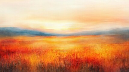 Fototapeta premium Golden Hour Horizon: A captivating abstract painting of a sun-kissed meadow, bathed in the warm hues of a setting sun. The soft, blurred lines and vibrant colors evoke a sense of peace, tranquility.