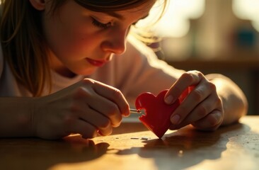girl tries to glue a broken heart figurine together 