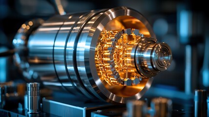 Obraz premium Precision gears in a lab device, illuminated, with tech equipment in the background, for research