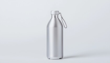 A lightweight aluminum water bottle with a carabiner clip attached to the cap placed upright on a solid white background, single object