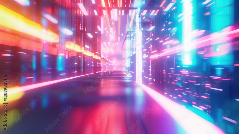 Poster a vibrant abstract depiction of colorful lights in motion, creating a futuristic and dynamic atmosph