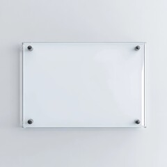Blank transparent glass sign mounted on a white wall.