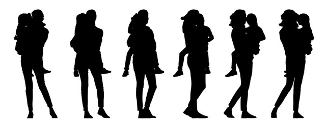 Vector concept conceptual black silhouette of a mother carrying her daughter from different perspectives isolated on white background. A metaphor for parenting, motherhood, childhood, family and love