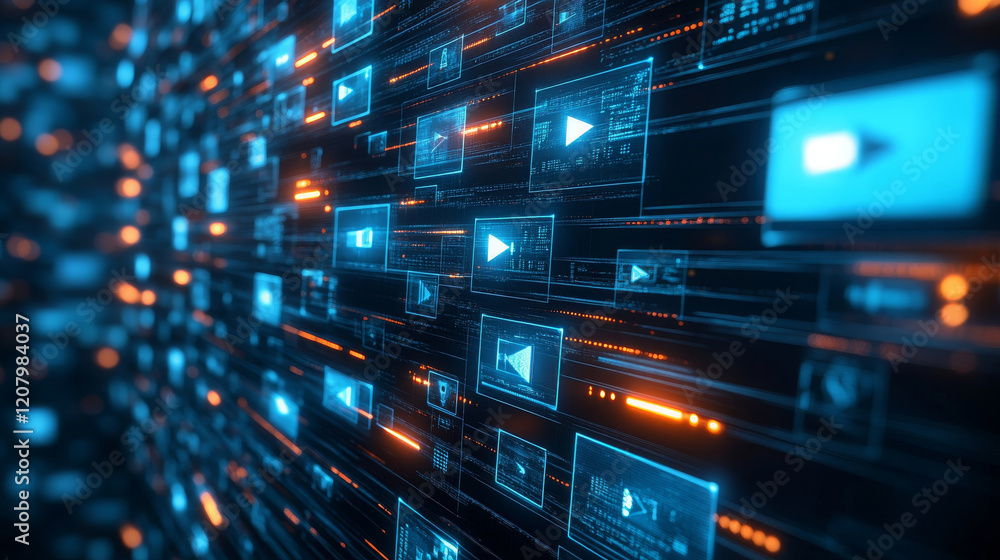 Poster abstract composition of digital screens displaying play buttons, illuminated in blue and orange tone