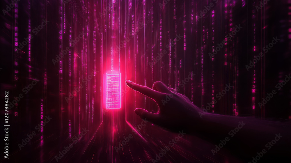 Poster hand reaching towards glowing pink digital structure in cyberpunk environment, surrounded by binary 