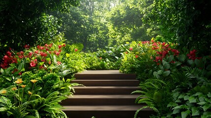 Obraz premium Lush Greenery and Flowering Plants Surrounding a Wooden Staircase