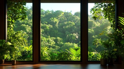 Lush Green Forest View Through Modern Window with Houseplants