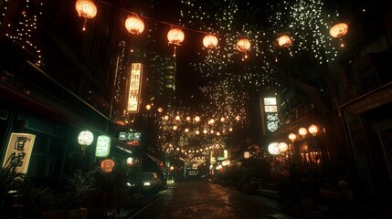 Night Scene of Illuminated Asian Street with Lanterns
