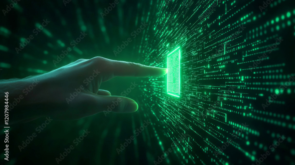 Poster hand reaching towards glowing digital interface, symbolizing technology and innovation. background f