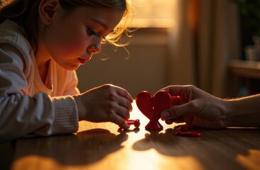 girl tries to glue a broken heart figurine together 