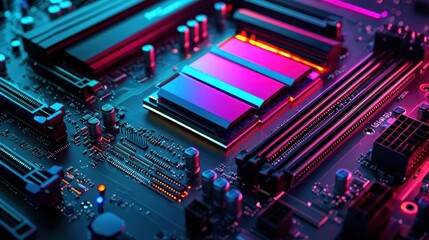 Fototapeta premium Neon Motherboard: A Close-Up of Computer Hardware