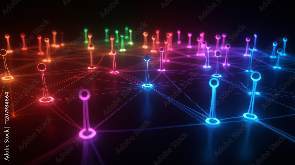 Poster vibrant network of colorful nodes connected by glowing lines, representing digital communication and