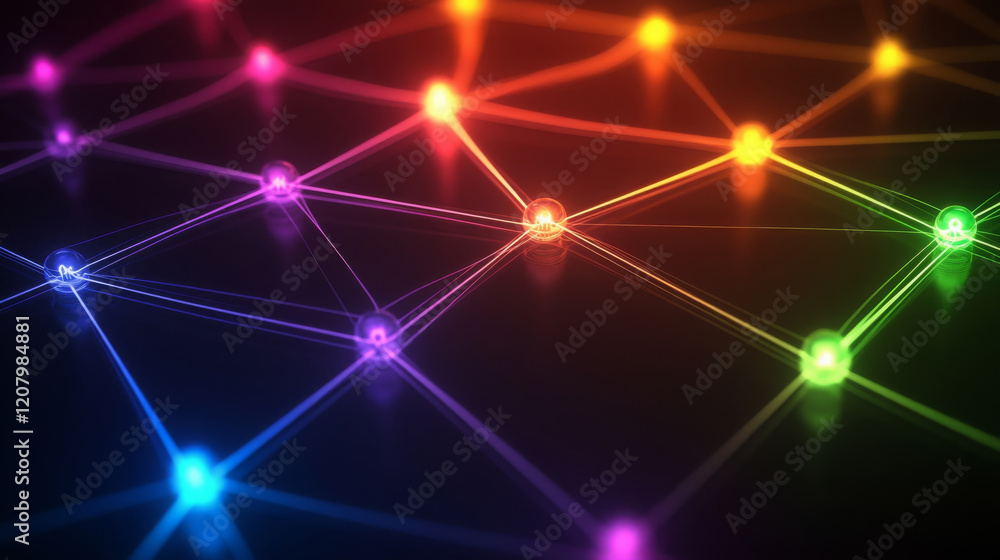 Poster vibrant network of colorful nodes connected by glowing lines, creating visually striking abstract de