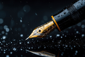 Golden Fountain Pen in the Rain: A Symphony of Elegance and Precision on a Dark, Reflective Surface