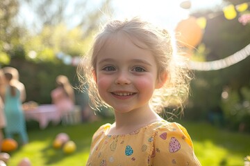 A bright and cheerful Easter egg hunt in a sunny garden filled with laughter and excitement