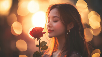Brunette woman smiling while smelling a red rose, holding a bouquet, showcasing beauty and romance
