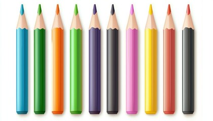 A set of colored pencils neatly arranged in a row with sharp tips pointing upwards on a solid white background, single object