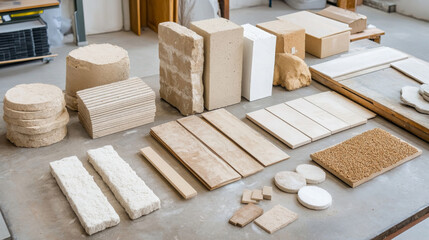 assortment of environmentally friendly building materials displayed on workbench, showcasing various textures and colors. This collection emphasizes sustainable construction practices
