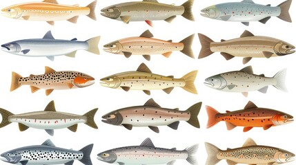 A collection of illustrated fish species showcasing various types and colors for educational purposes.