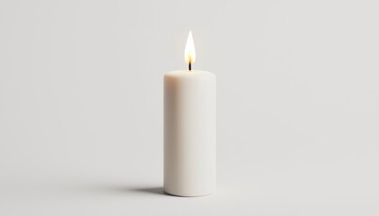 A single white candle with a smooth surface and a lit flame placed vertically on a solid white background, single object