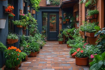 Obraz premium an urban living space bursts with life through lush greenery and vibrant flowers creating a harmonious blend of nature and modern design in a cozy setting