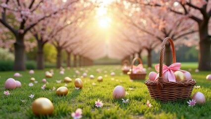 Easter egg hunt in cherry blossom orchard at sunrise