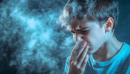 Health Hazard - Young Person Coughing from Vaping with Distressed Expression and Smoky Background