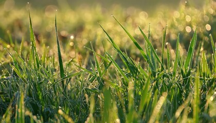 Obraz premium Dew-covered green grass blades with intricate texture in the early morning light.